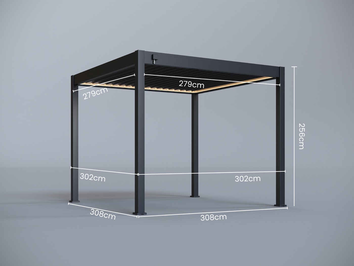 Dimension drawing of the 3m × 3m pergola