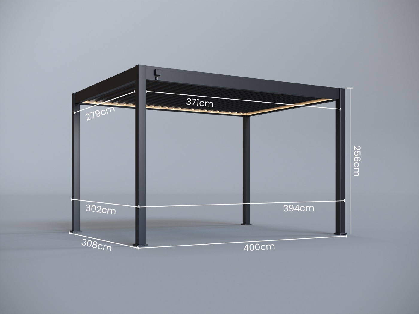 Dimension drawing of the 4m × 3m pergola