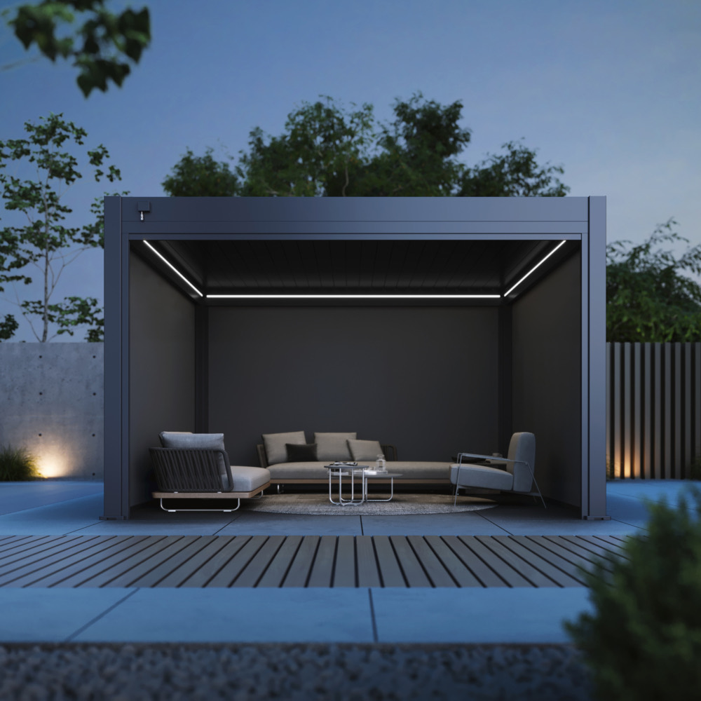 Pergola Pro at dusk with the lighting on