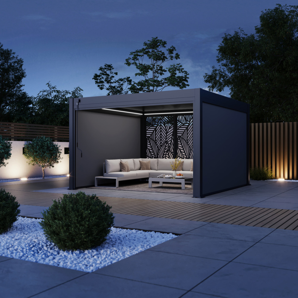 Pergola Pro with blinds and a Luxe decorative panel