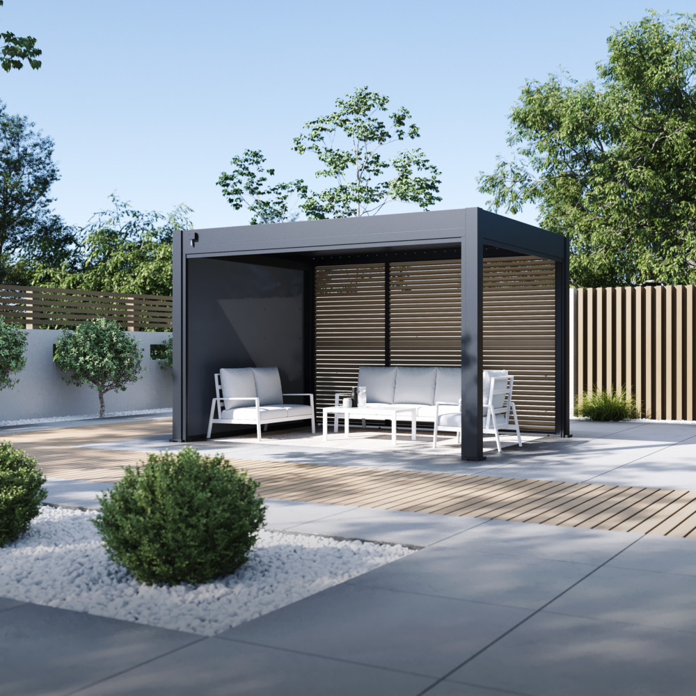 Hygge pergola with Luxe louvred panels along one side