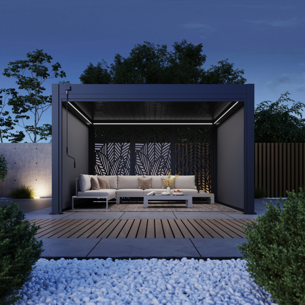 Pergola Pro front elevation at night with decorative panels