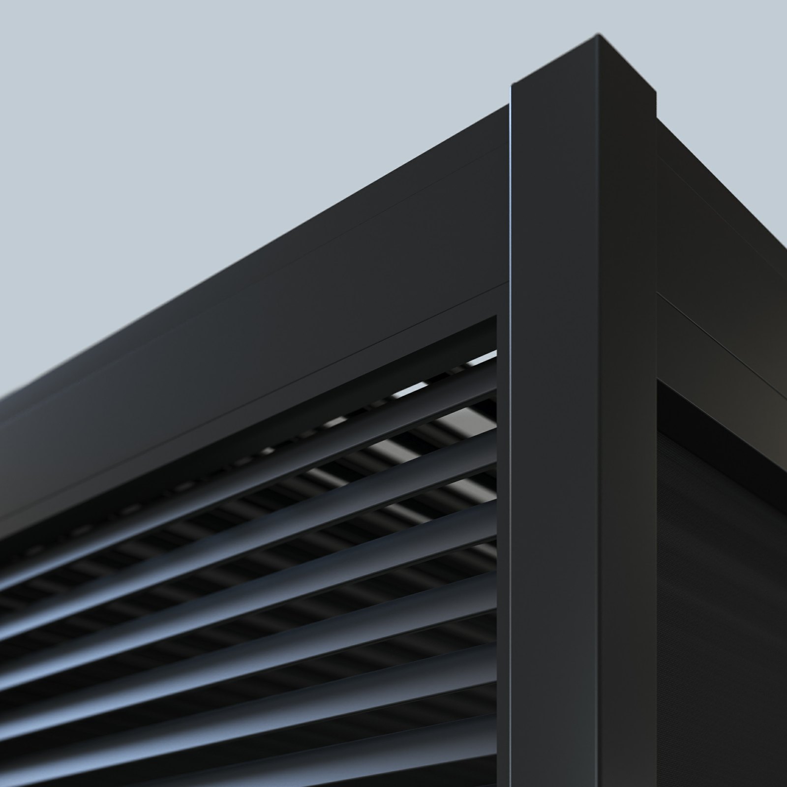 Corner of the Pergola Pro showing the louvres sitting inside the beam line