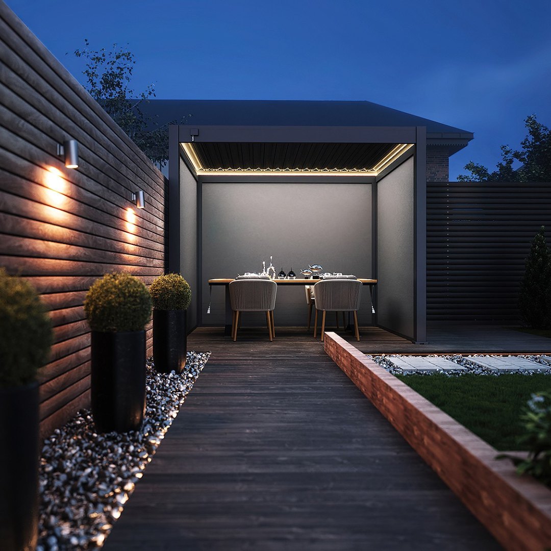 Pergola Pro at night with the LED lighting on