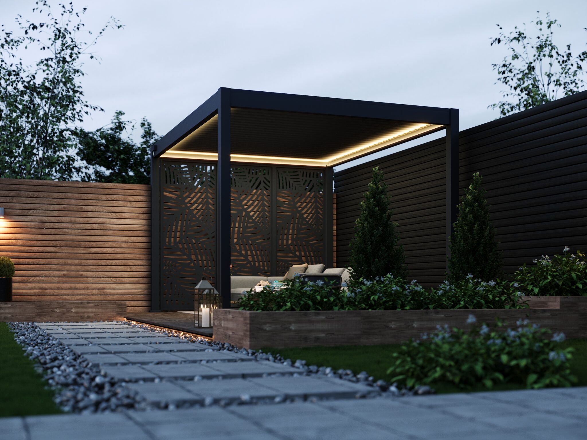 Modern pergola with laser-cut leaf-patterned privacy screens, set on a gravel pathway with wooden borders, decorative lanterns, and manicured hedging in a garden.