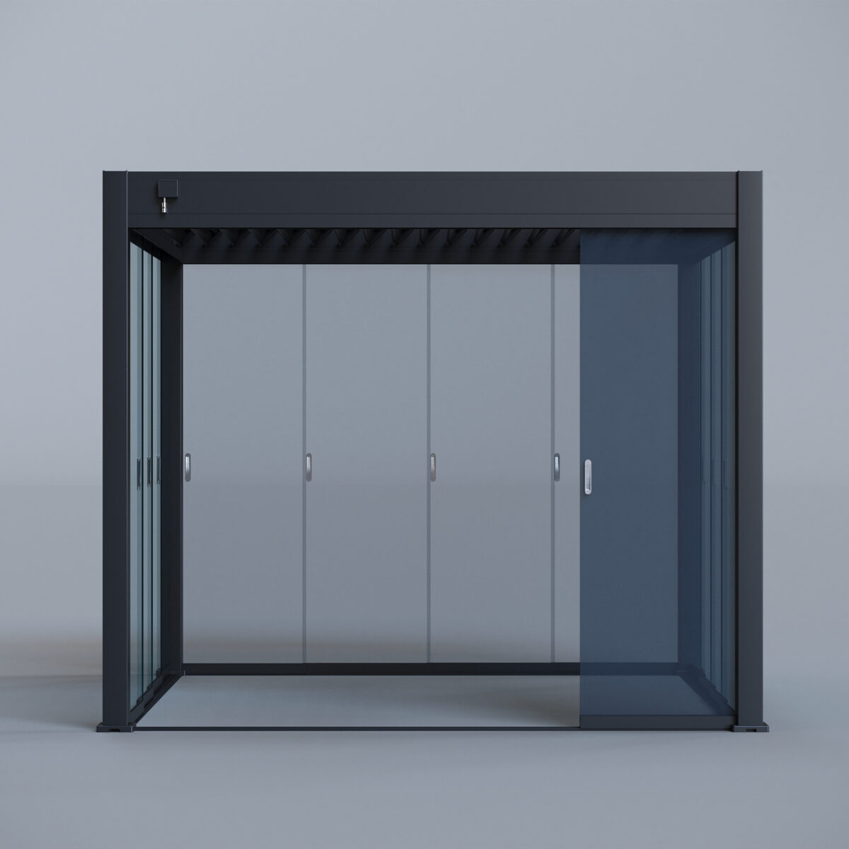 Sliding glass panels seen from the corner