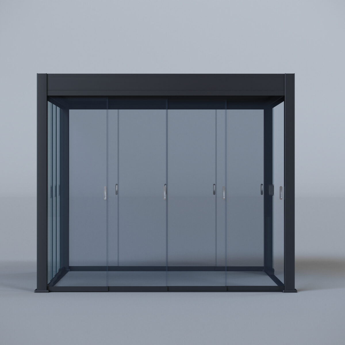 Sliding glass panels closing one side of a Hygge pergola