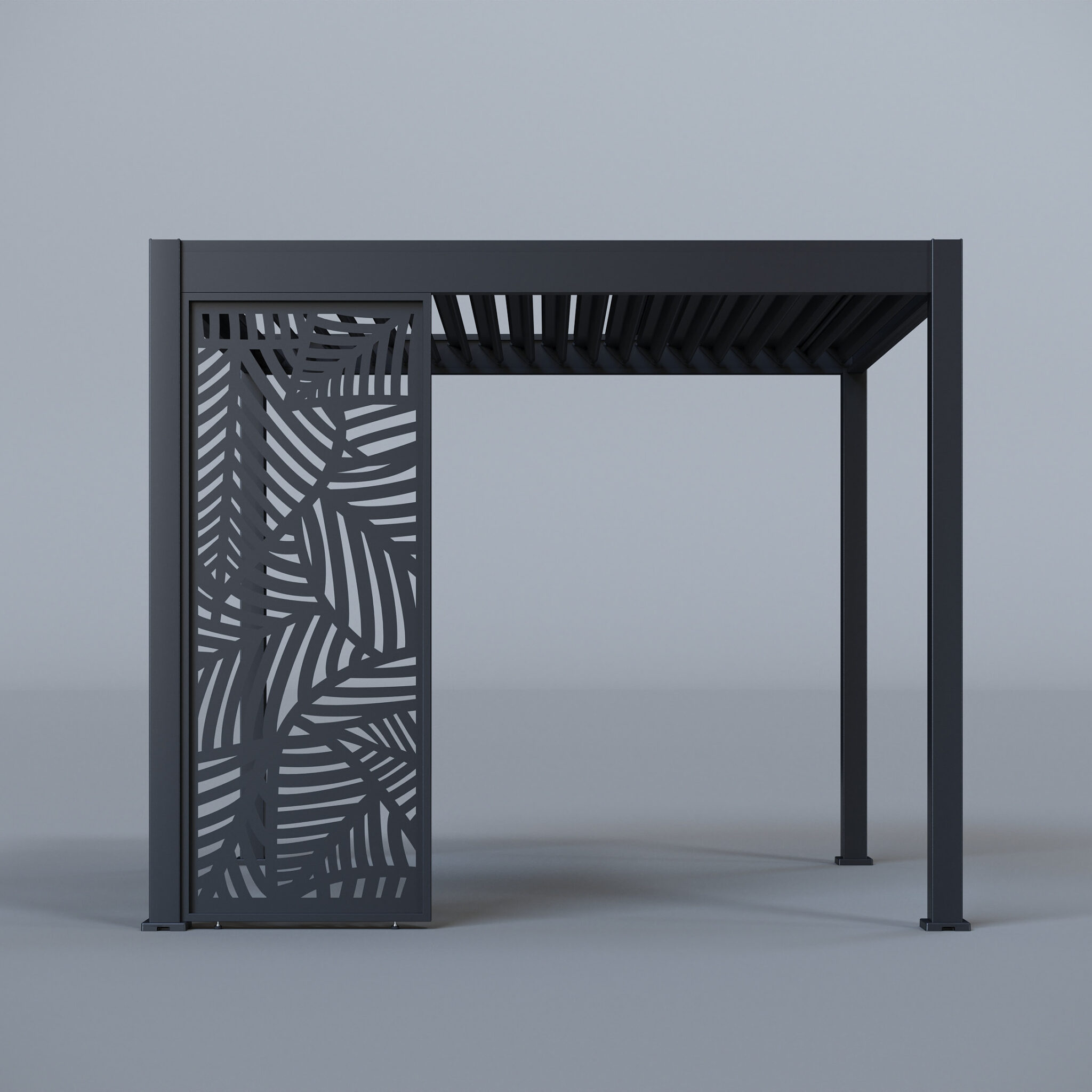 Pergola frame with two fully enclosed laser-cut panels, leaf design, and louvred roof, photographed in a studio setting.