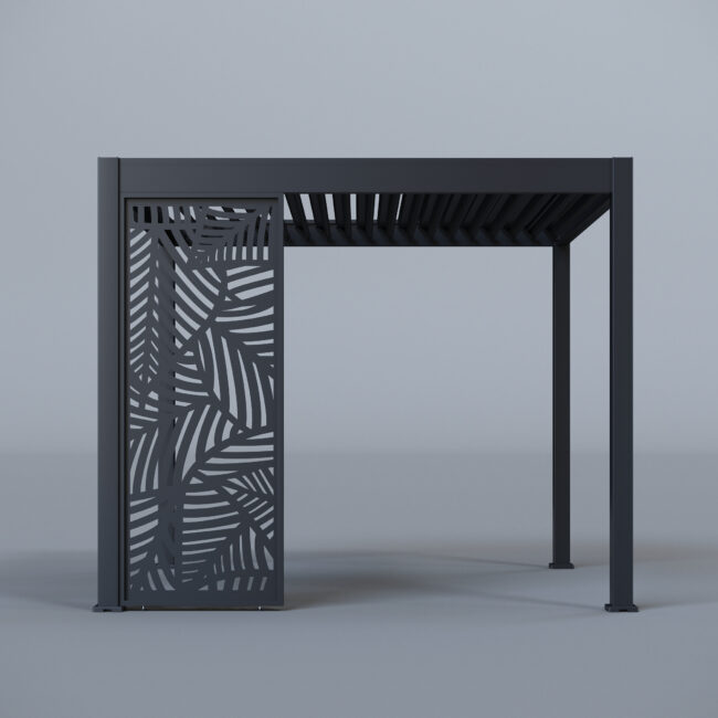 Pergola frame with two fully enclosed laser-cut panels, leaf design, and louvred roof, photographed in a studio setting.
