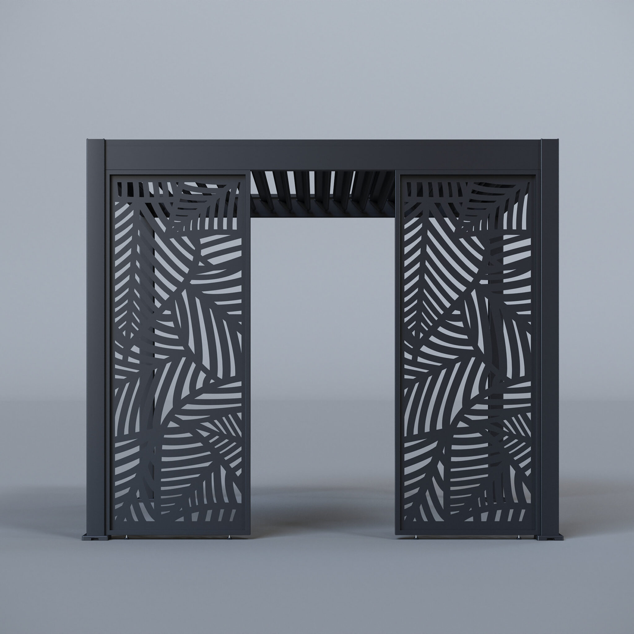 Pergola with partial leaf-patterned screens and vertical slatted panels, studio shot with light grey background.