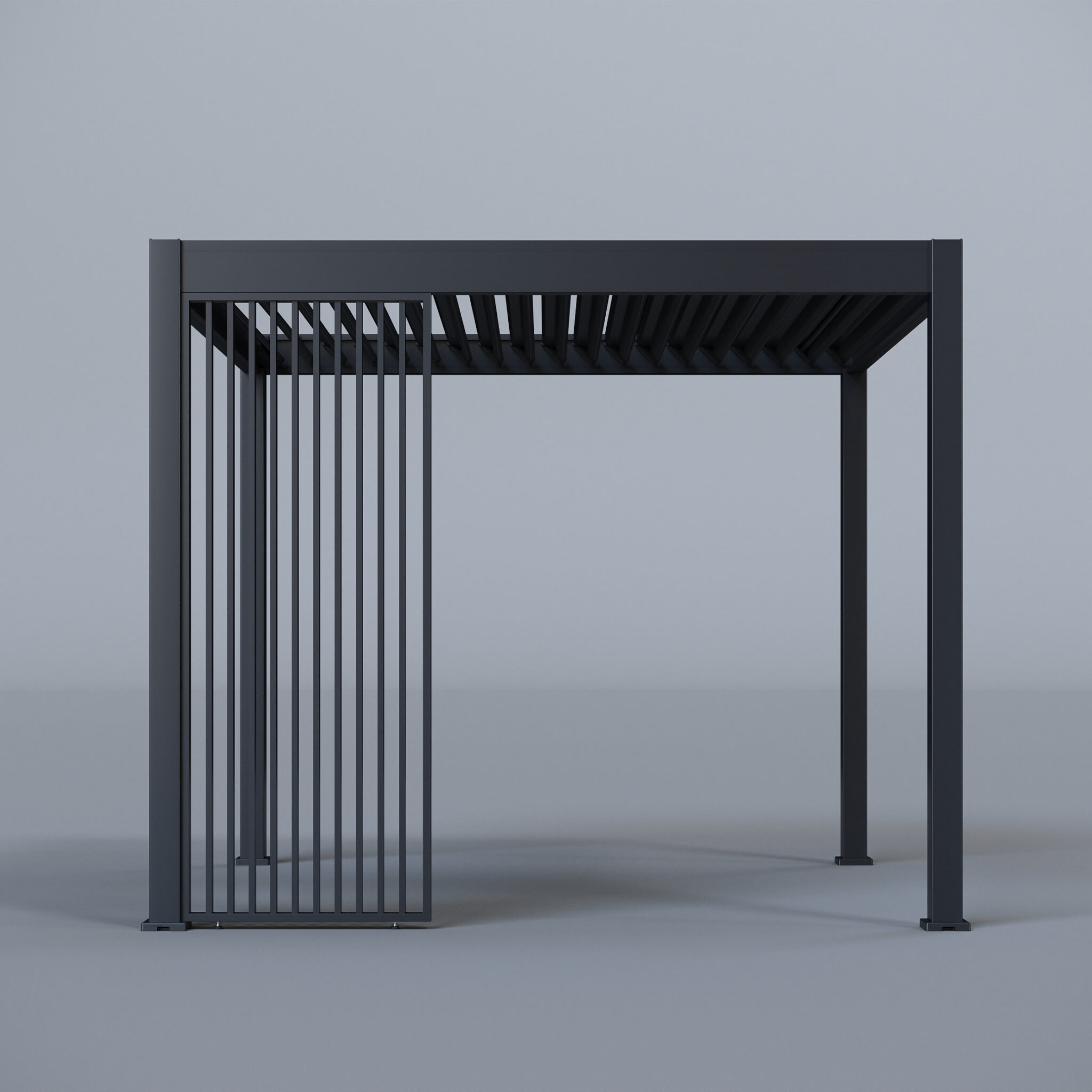 Pergola frame with partial vertical slatted screens, featuring black laser-cut leaf-patterned privacy panels and louvred roof, studio setup.