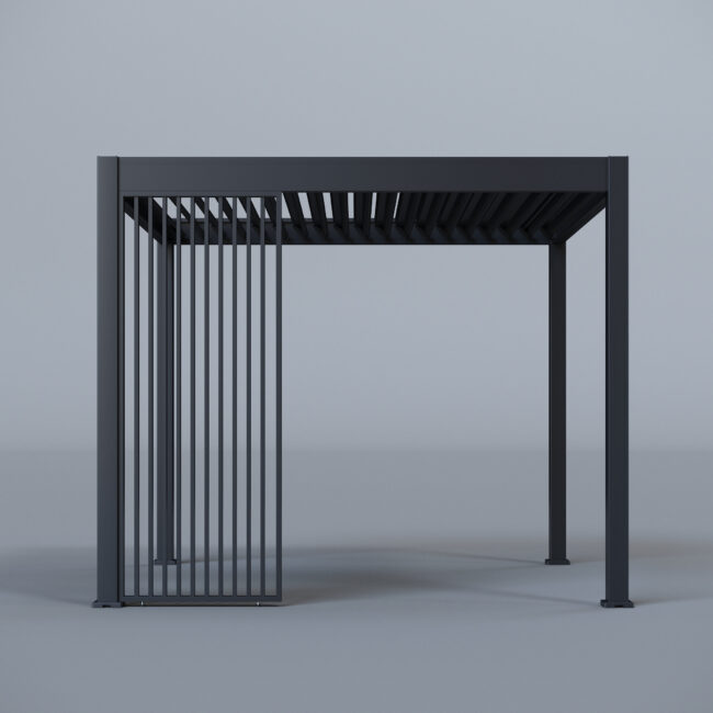 Pergola frame with partial vertical slatted screens, featuring black laser-cut leaf-patterned privacy panels and louvred roof, studio setup.