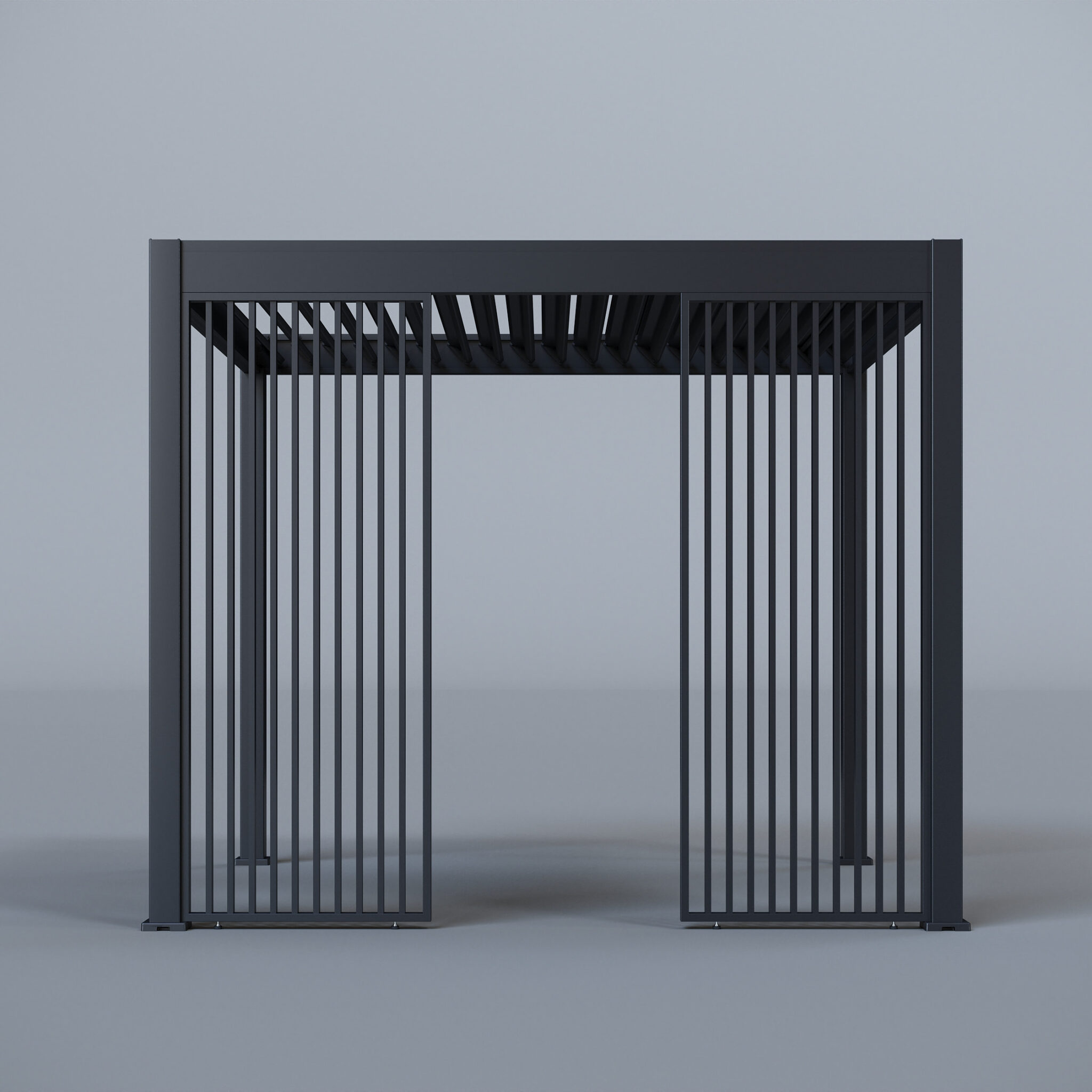 Pergola frame with full vertical slatted enclosure and louvred roof, styled in a studio setting with soft shadows.