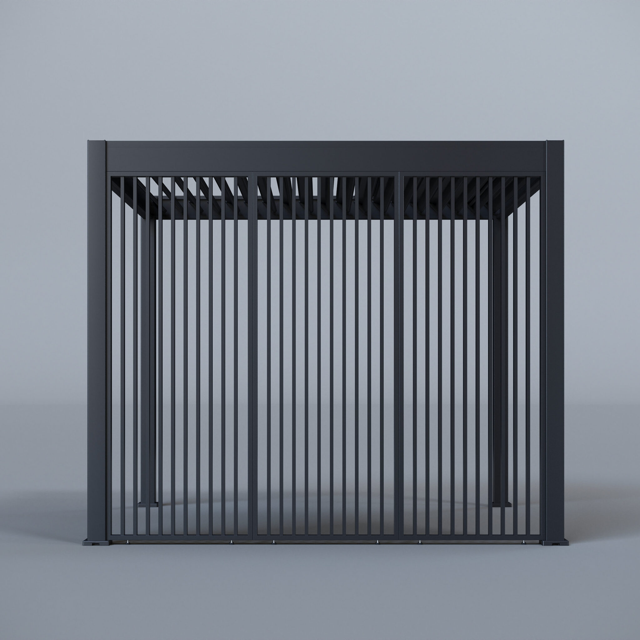 Pergola frame with two leaf-patterned laser-cut screens and vertical slats, displayed in a modern studio backdrop.