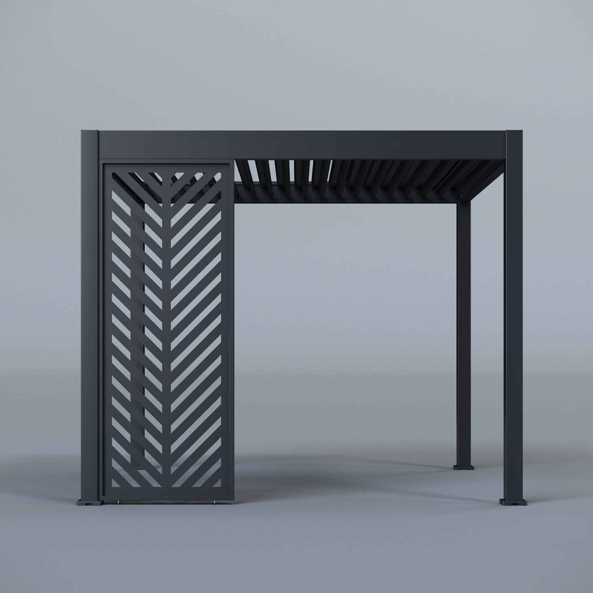 Pergola fully enclosed with three aluminium slatted screens and louvred roof, styled on a grey studio background.