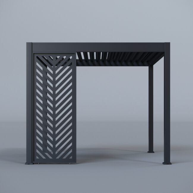 Pergola fully enclosed with three aluminium slatted screens and louvred roof, styled on a grey studio background.