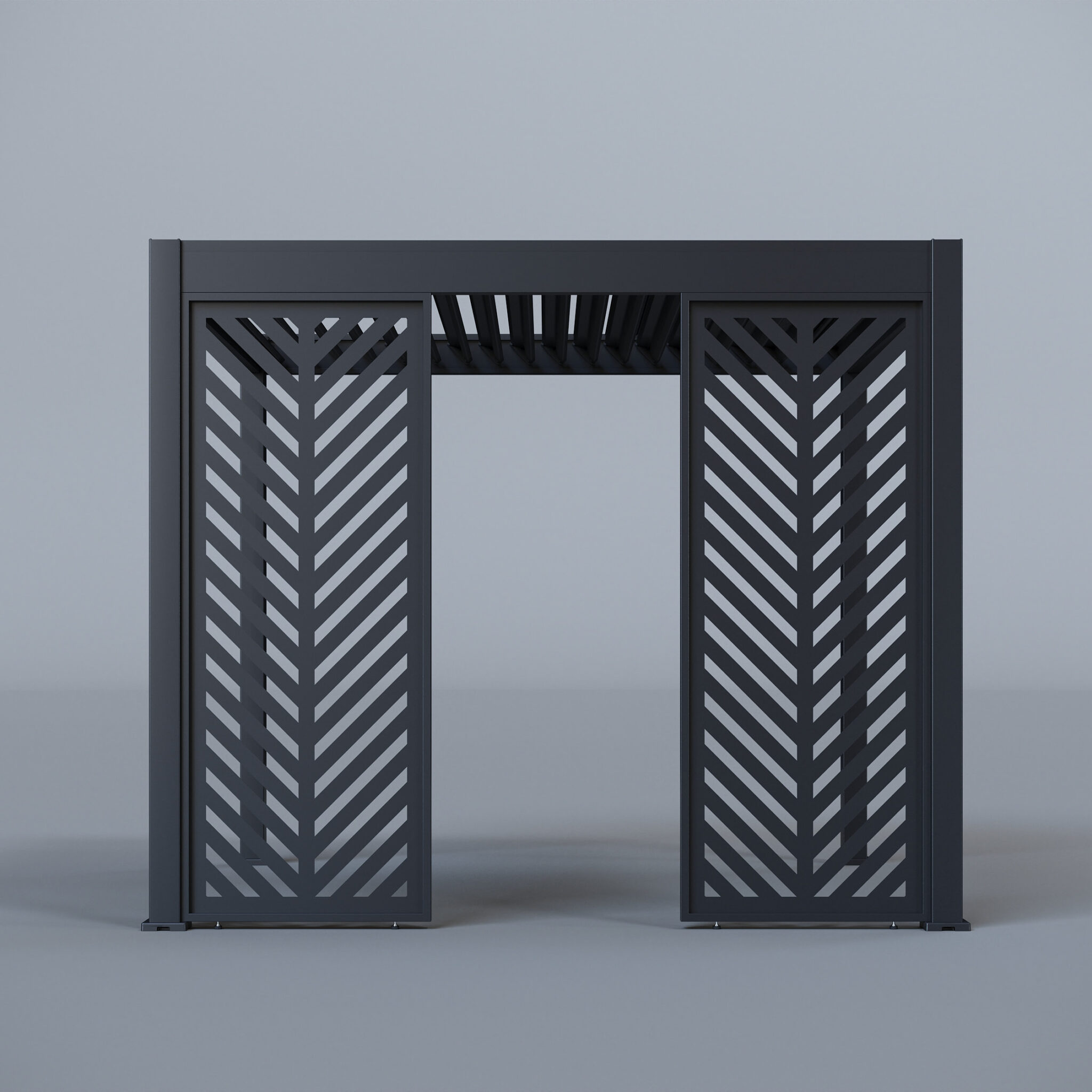 Pergola with one chevron-patterned privacy panel and open louvred roof, displayed on a studio floor.