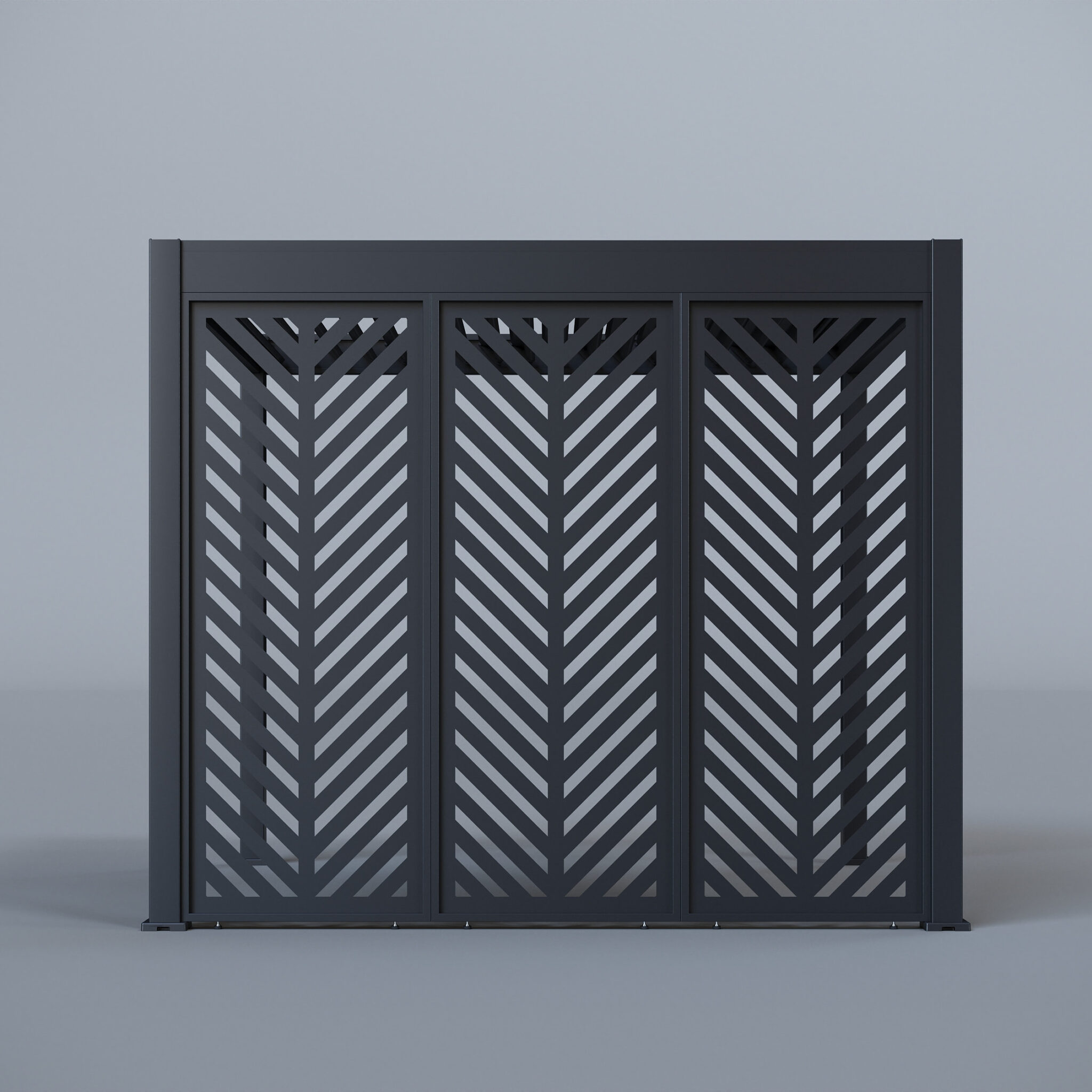 Pergola fully enclosed with three chevron-patterned aluminium panels and louvred roof, styled in a studio setup.