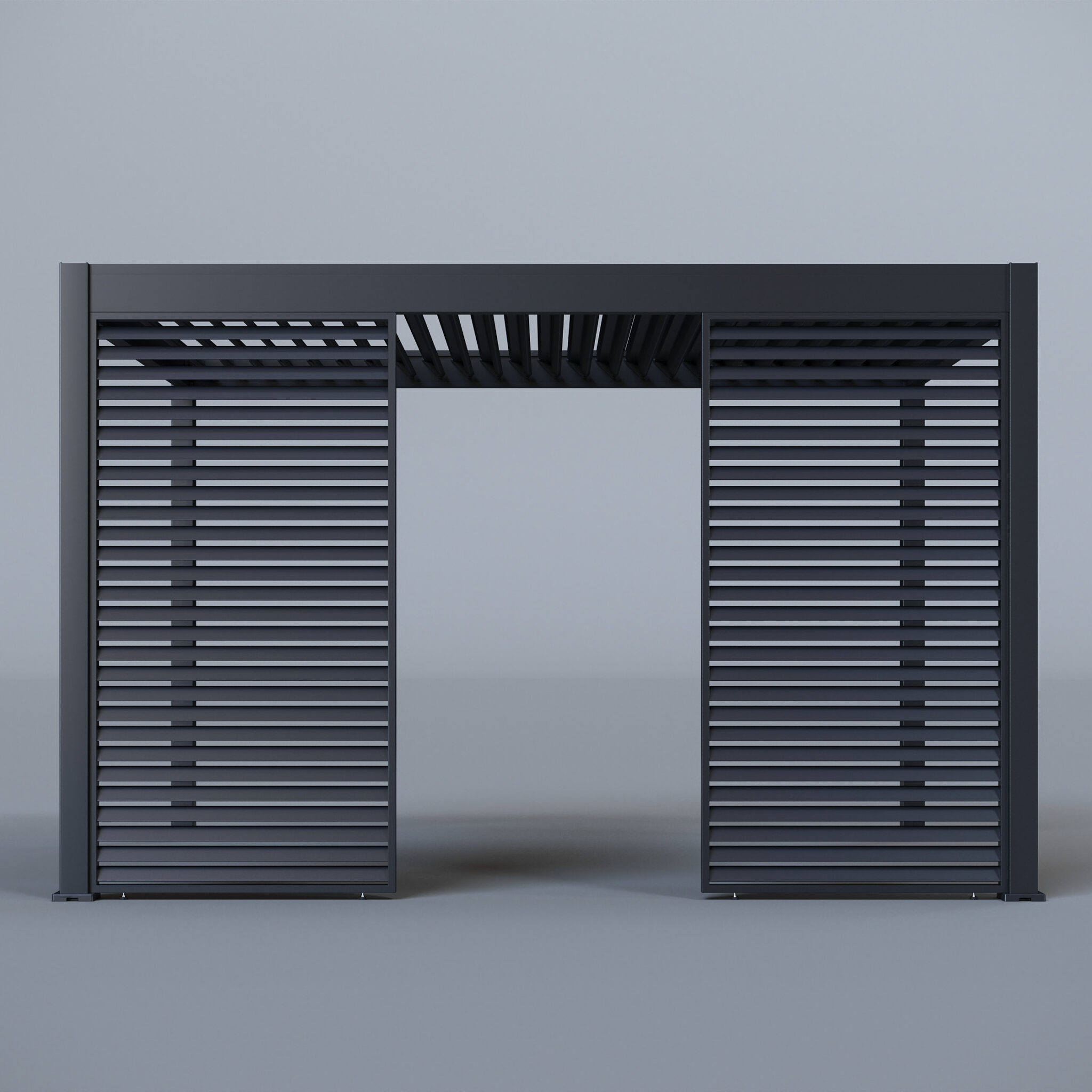 Pergola with one aluminium slatted panel and open louvred roof, positioned on a studio floor for product display.