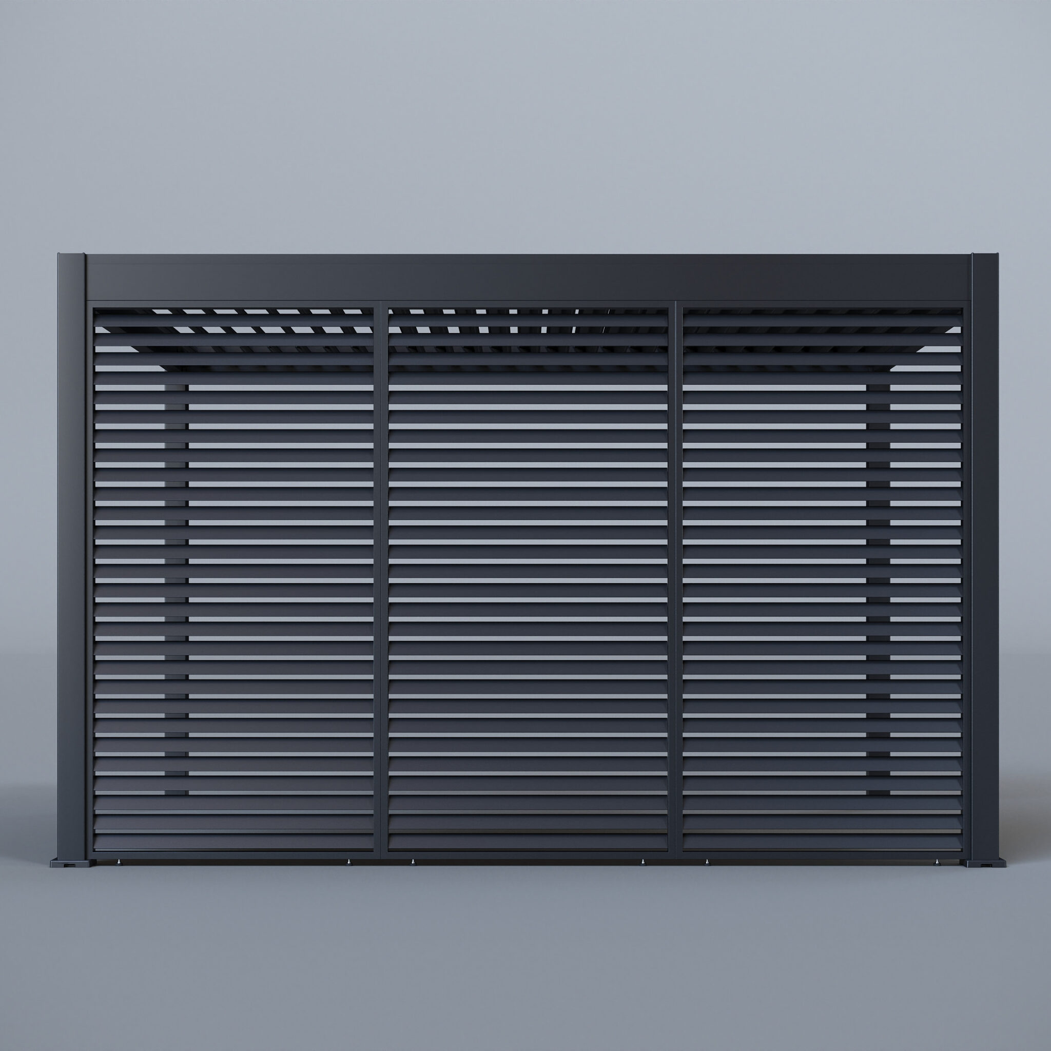 Pergola frame with two aluminium slatted privacy screens and open louvred roof, presented in a neutral-toned studio.