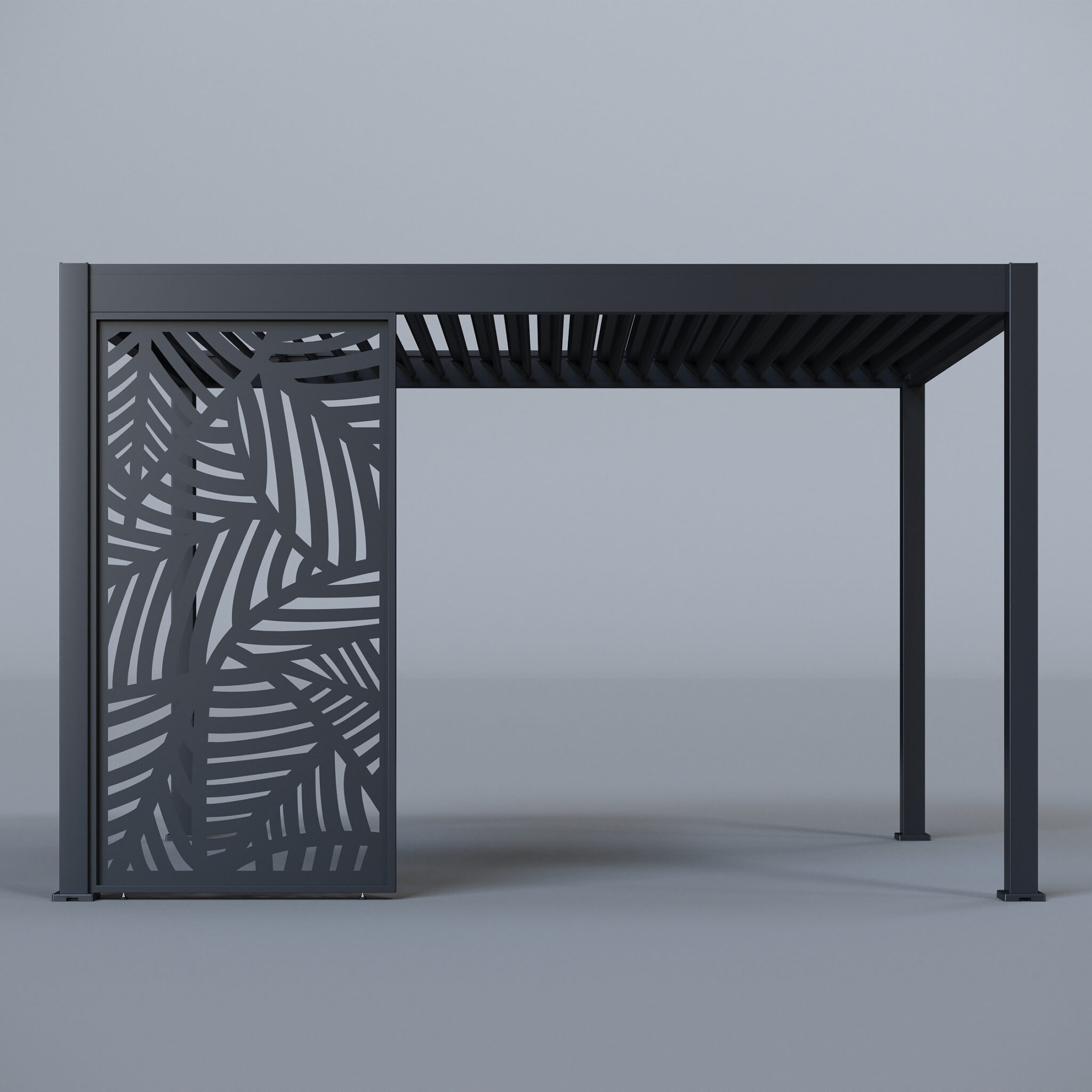 Pergola structure with fully enclosed leaf-patterned panels and louvred roof, photographed in a clean studio space.