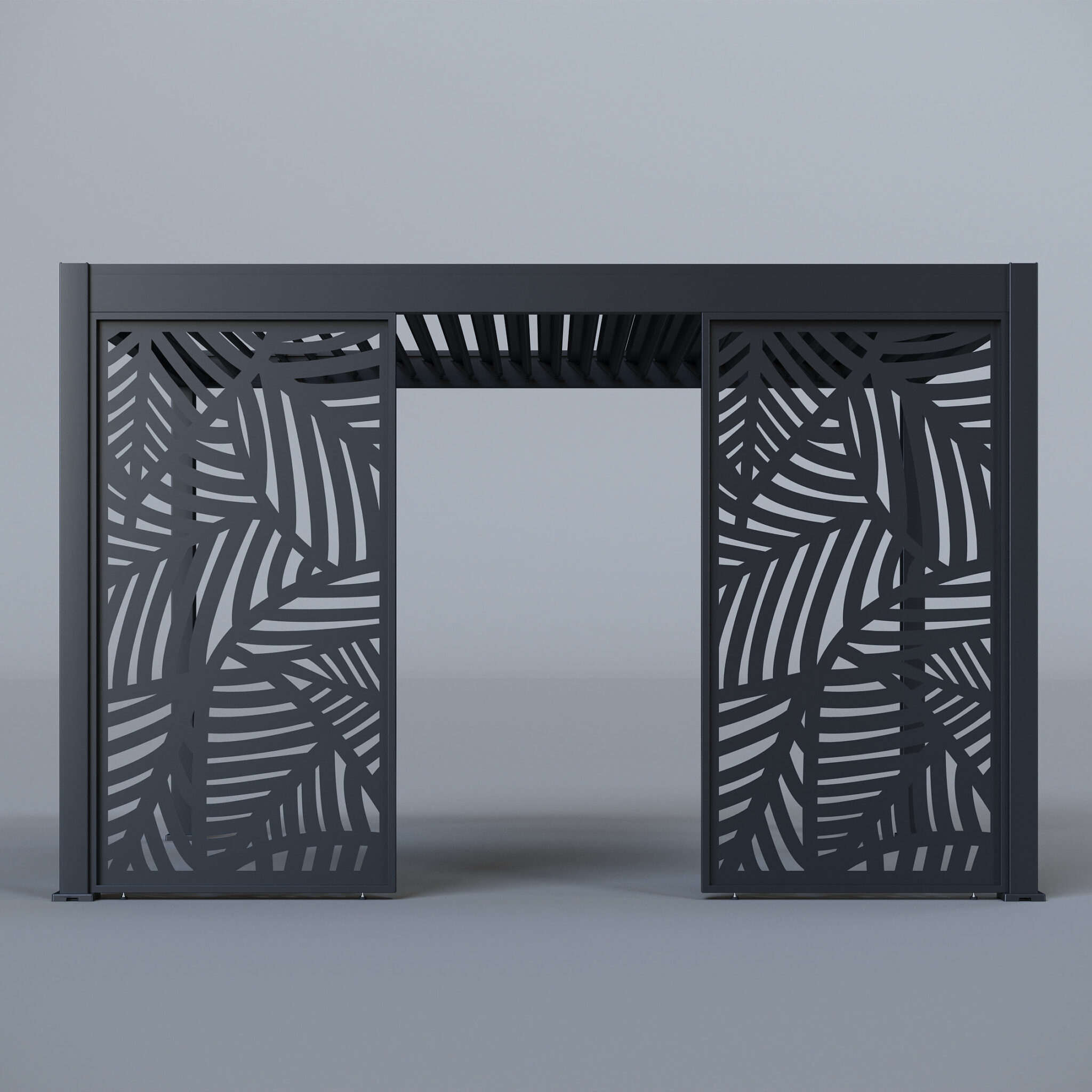 Pergola frame fully enclosed with three laser-cut privacy panels in a leaf design, shown in a neutral studio background.