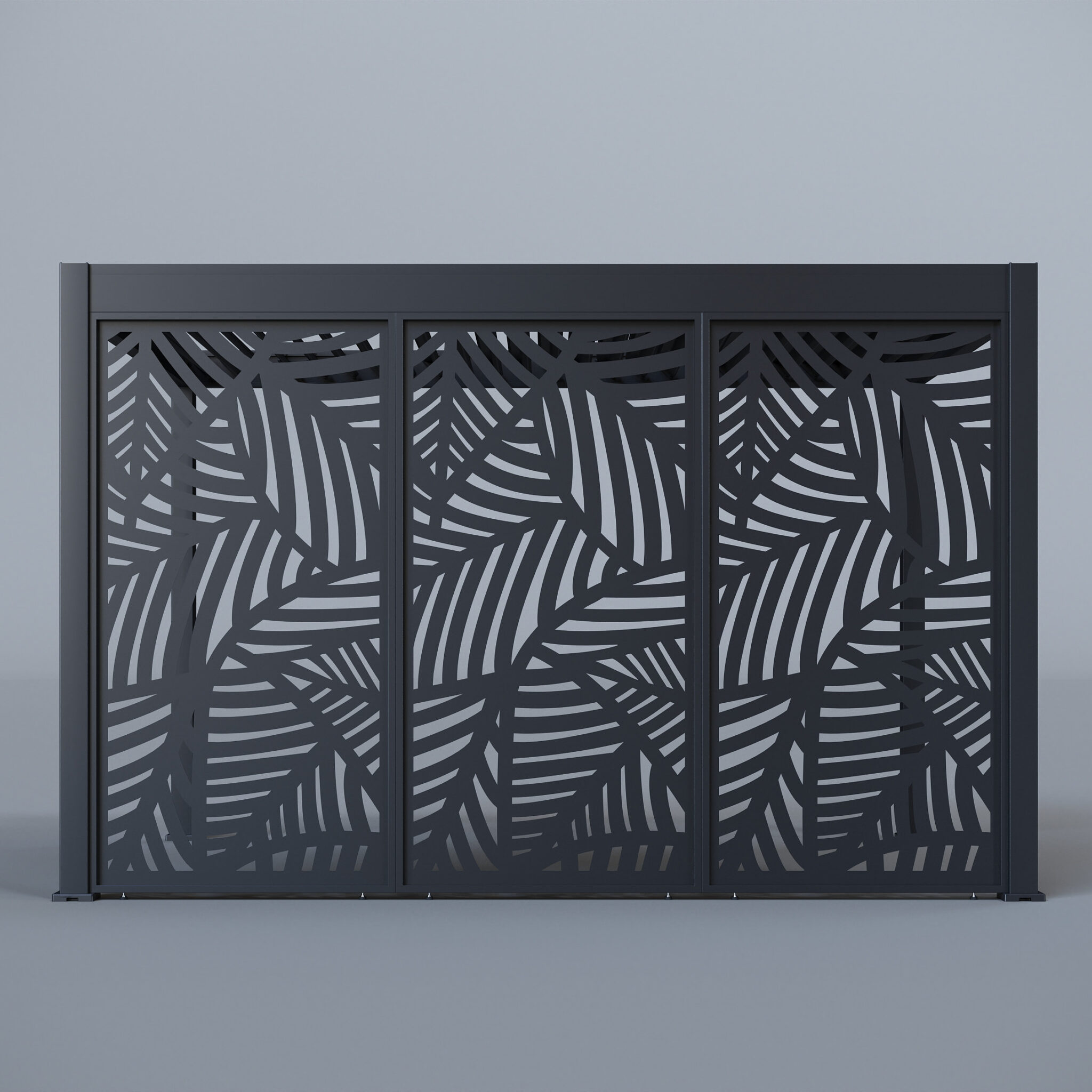 Dark grey pergola fully enclosed with four laser-cut leaf-patterned privacy panels and louvred roof, displayed in a controlled studio setup.