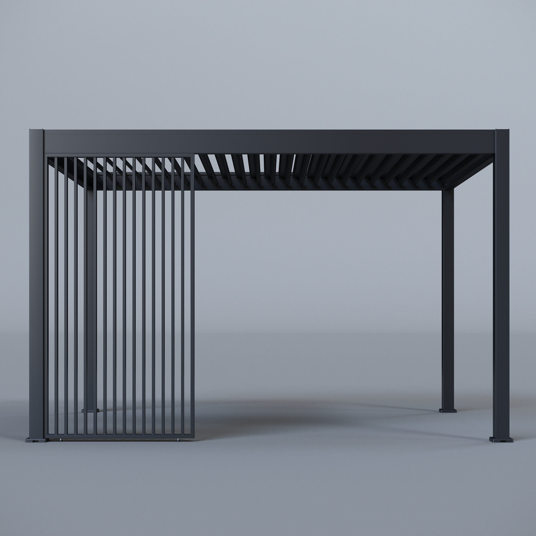 Pergola with two-sided vertical slatted privacy panels and open roof structure, displayed in a grey studio background.
