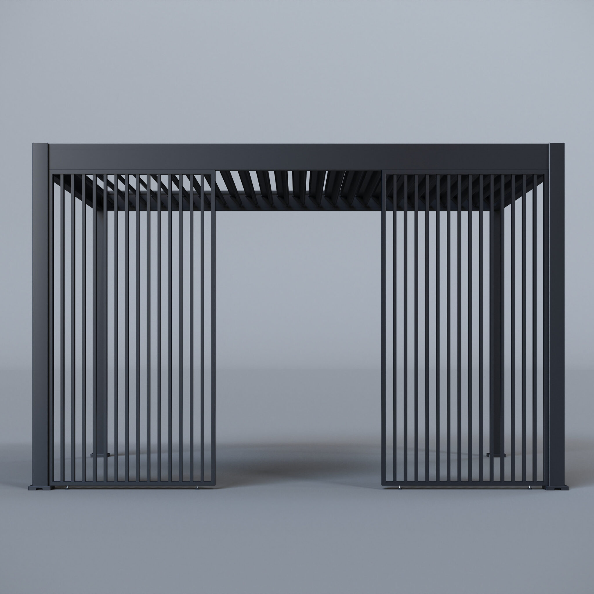 Pergola frame with open louvred roof and vertical slatted screens, shown in a neutral studio setup.