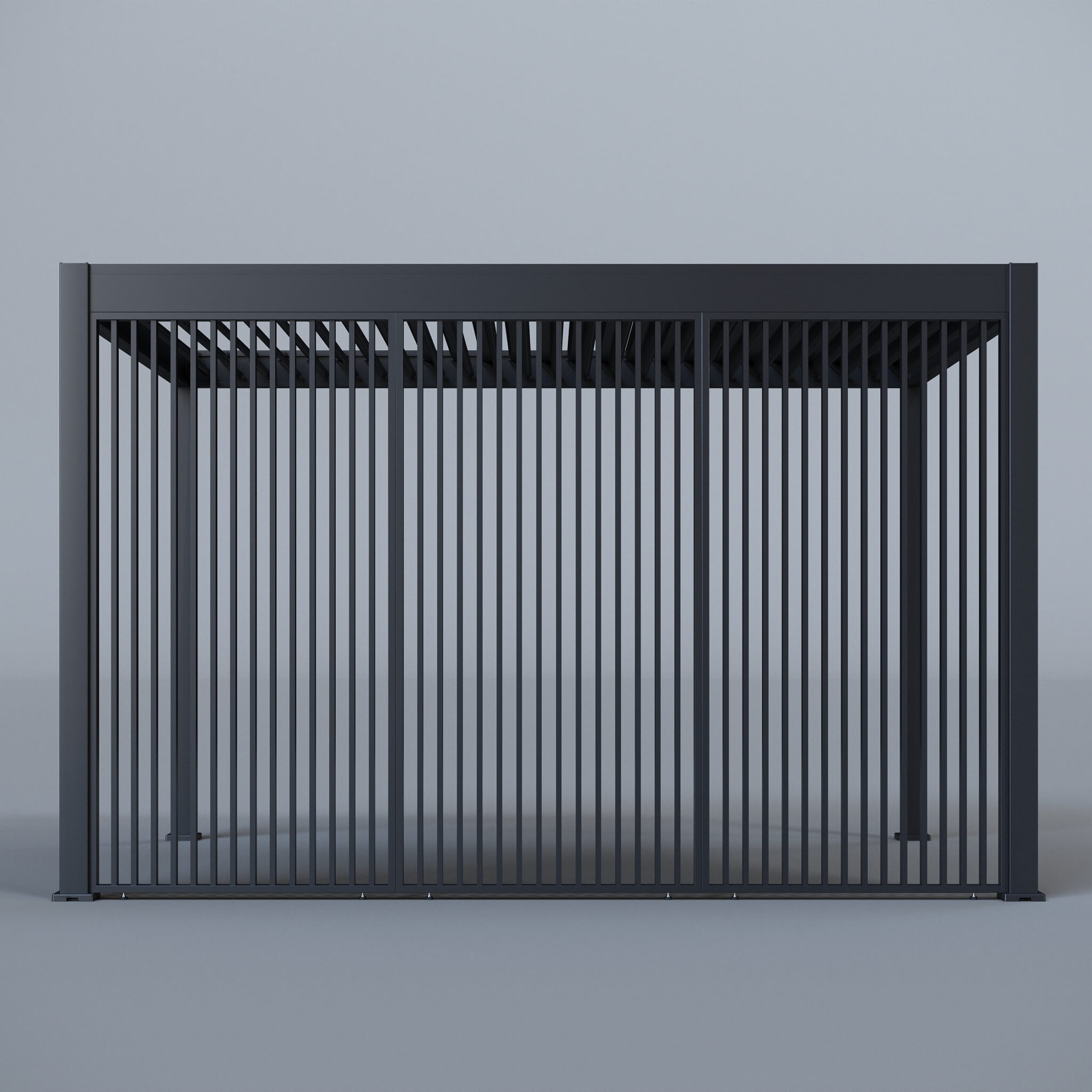 Pergola with three-sided vertical aluminium slatted panels, shown in a neutral studio environment.