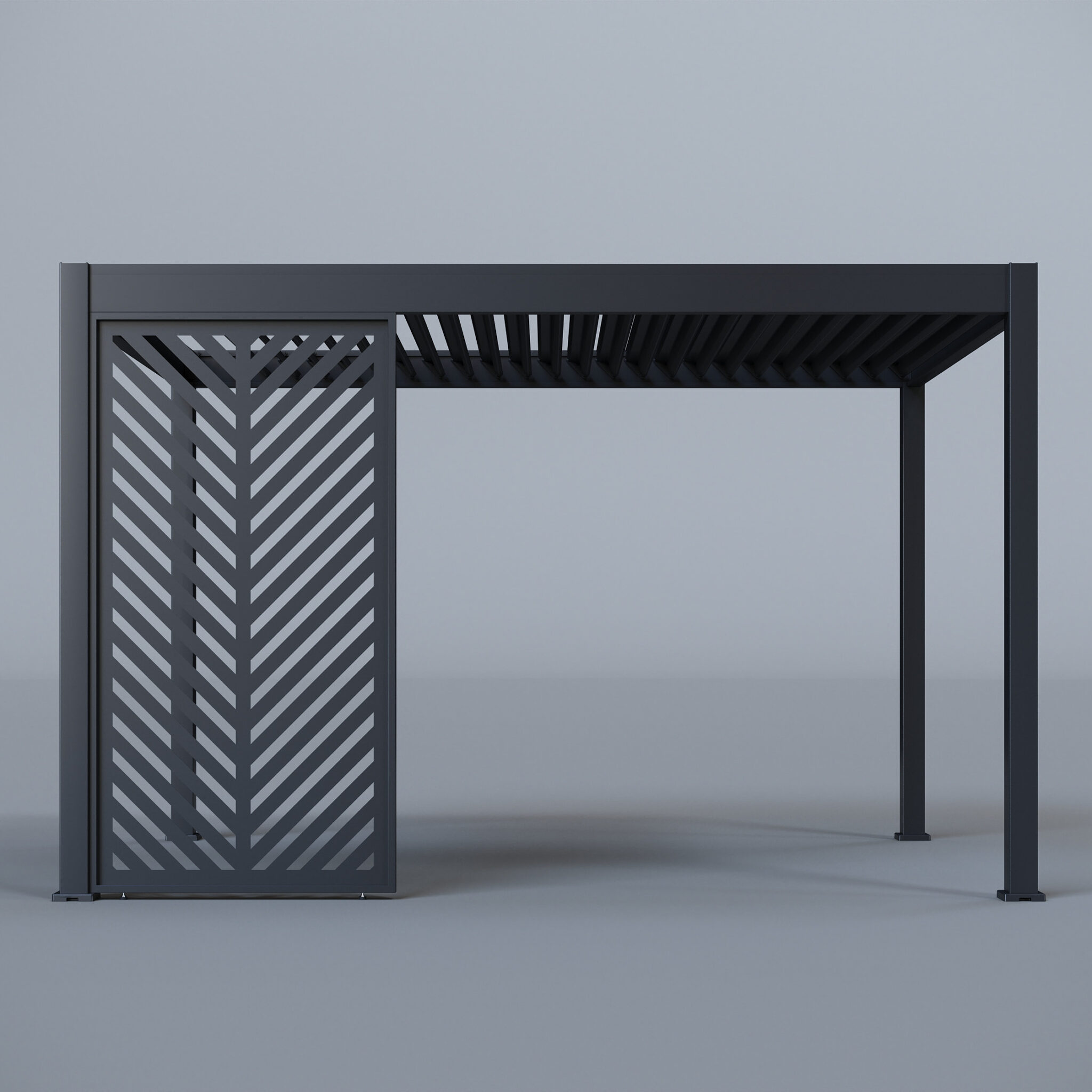 Pergola with two chevron-patterned aluminium panels and open louvred roof, shown in a minimalist studio setting.