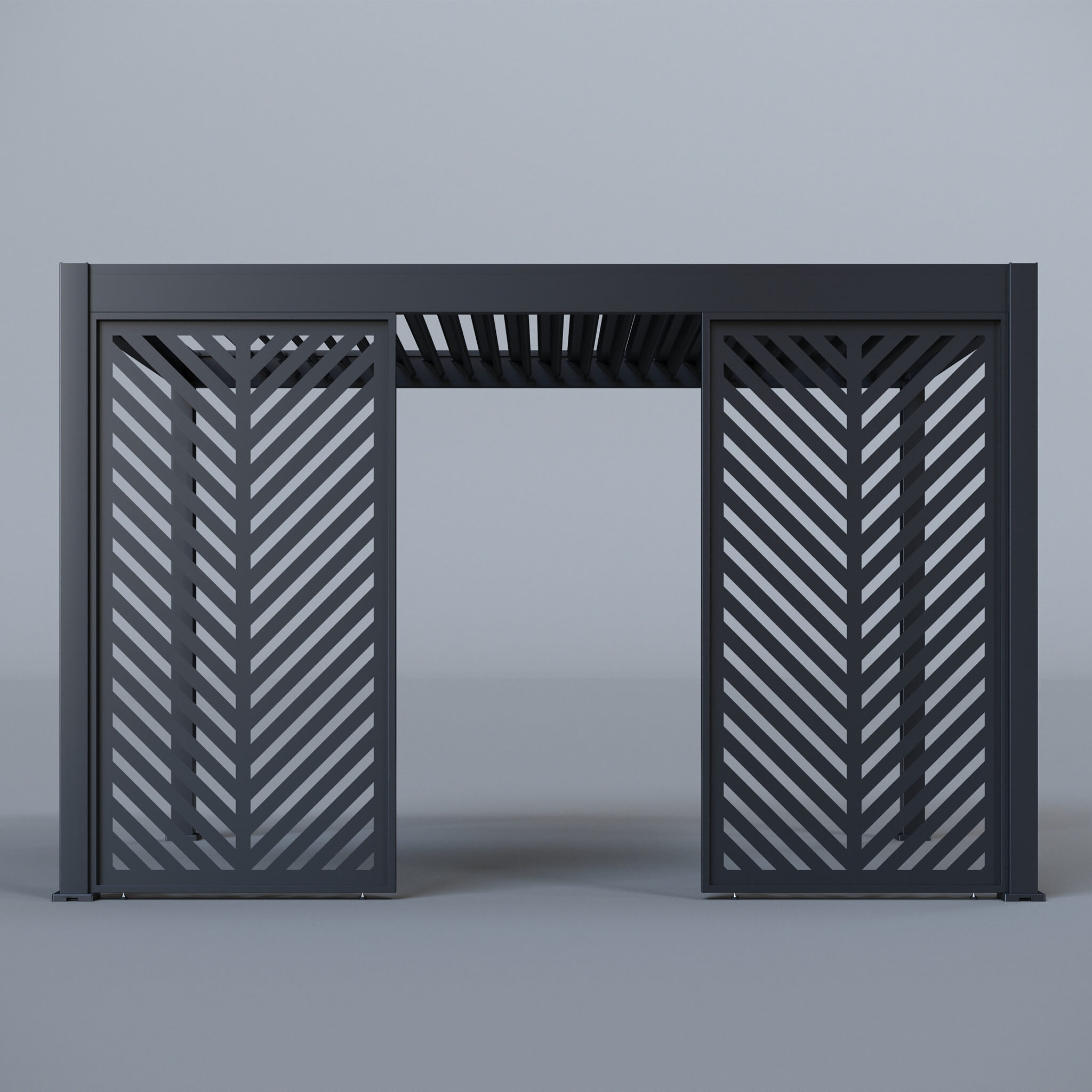 Pergola fully enclosed with three chevron-patterned privacy panels, set in a neutral studio backdrop.