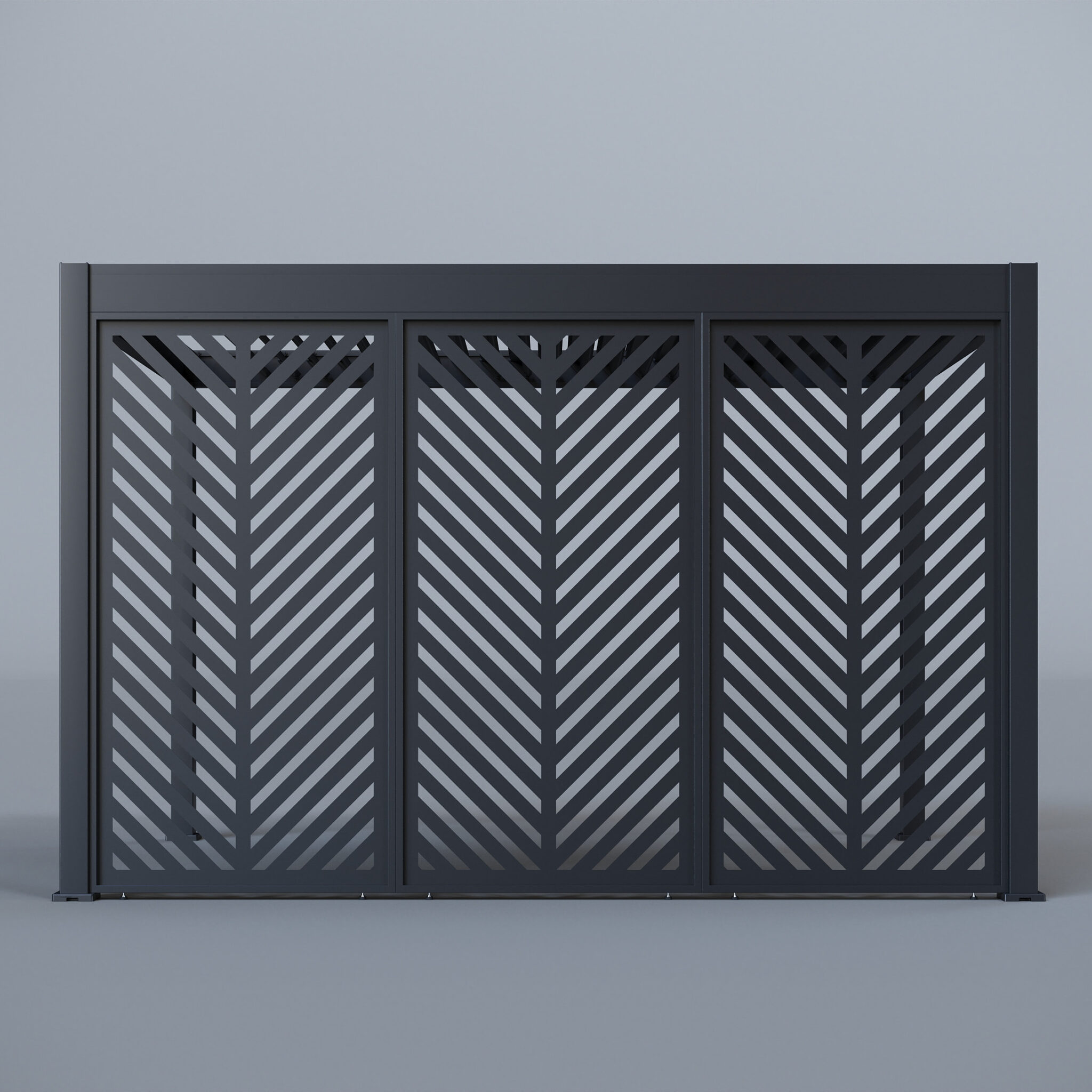 Pergola with single laser-cut leaf panel on one side, open frame, and louvred roof, styled on a grey studio floor.