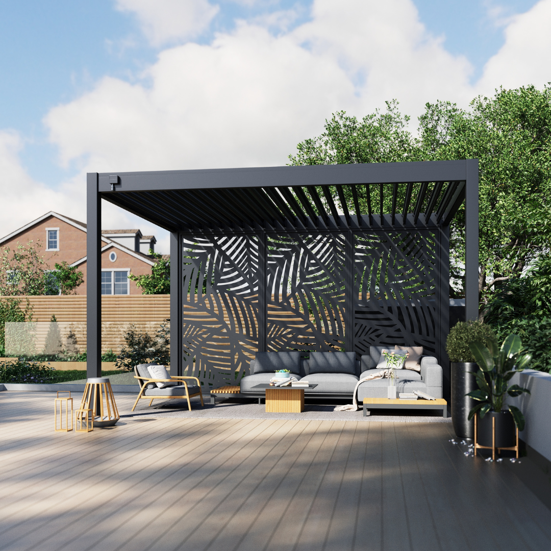 Premium pergola with black laser-cut privacy screens featuring a leaf pattern, installed on a wooden deck with minimalistic garden décor.