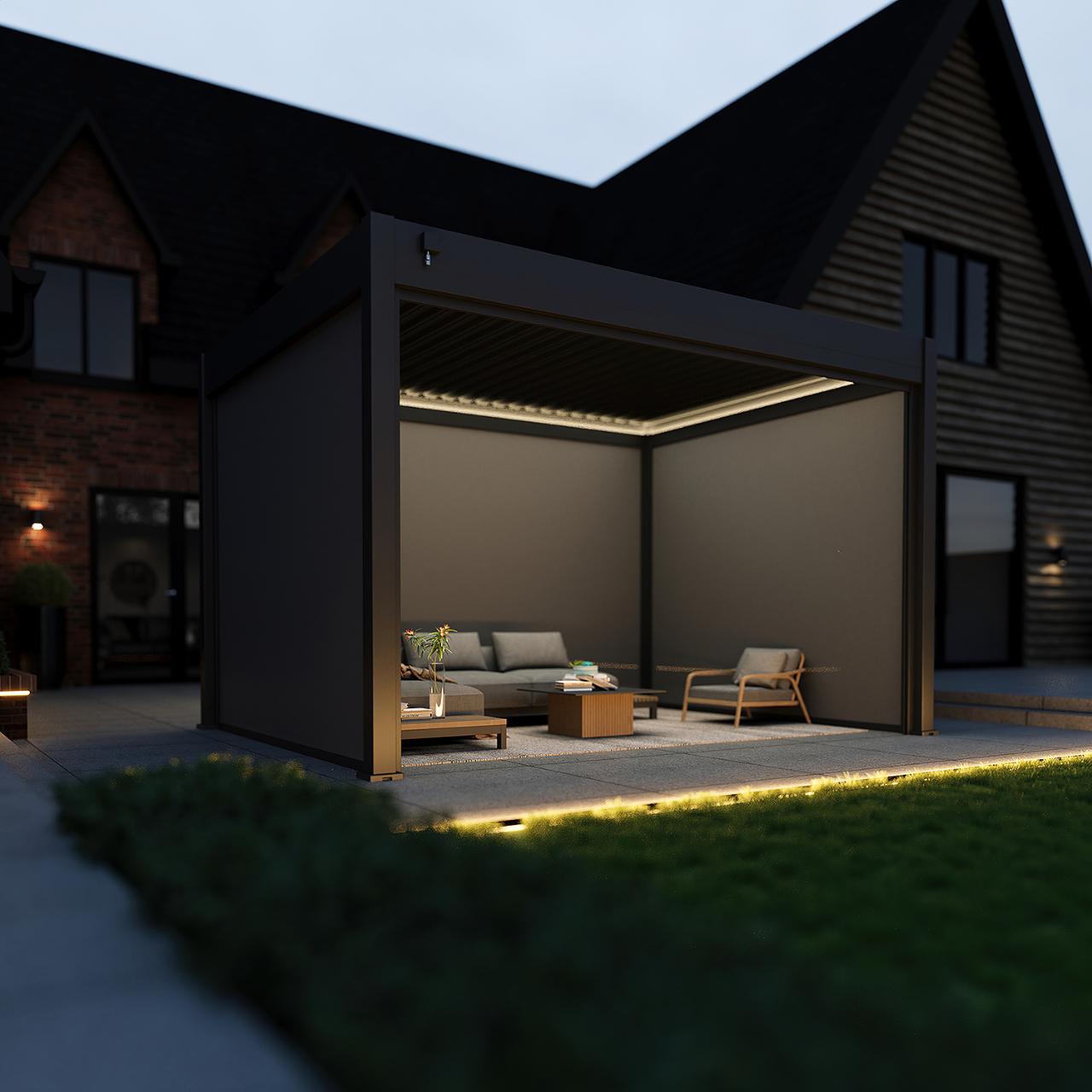 Standalone pergola with horizontal slatted panels and black laser-cut screens, located on a grey concrete patio, bordered by gravel and modern fencing.