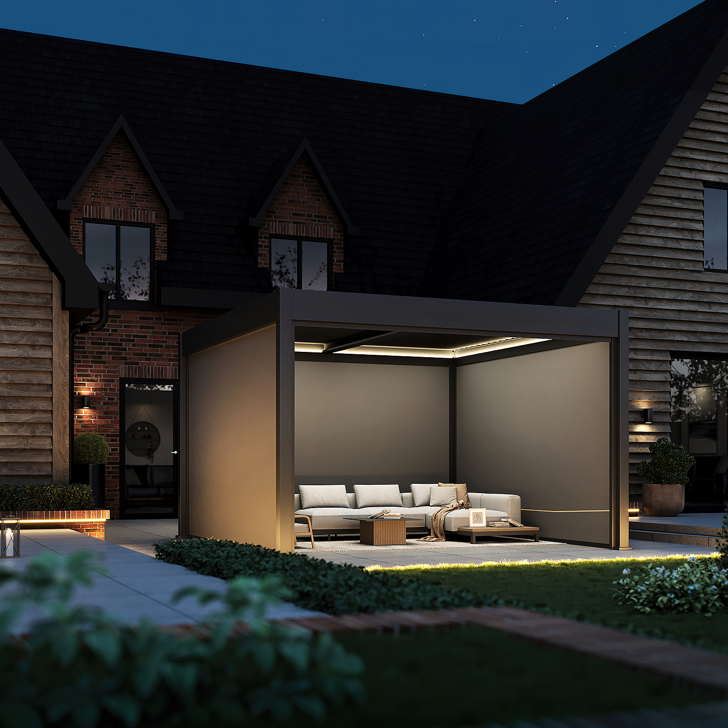 Dark grey pergola with LED roof lighting and fully retracted blinds, creating a cosy seating area on a garden patio at dusk.