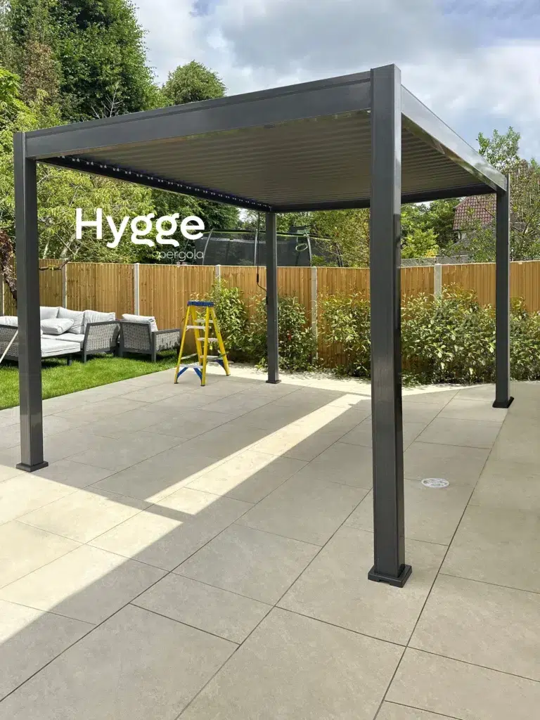 Luxury dark grey aluminium pergola with privacy screens, perfect for modern outdoor living.