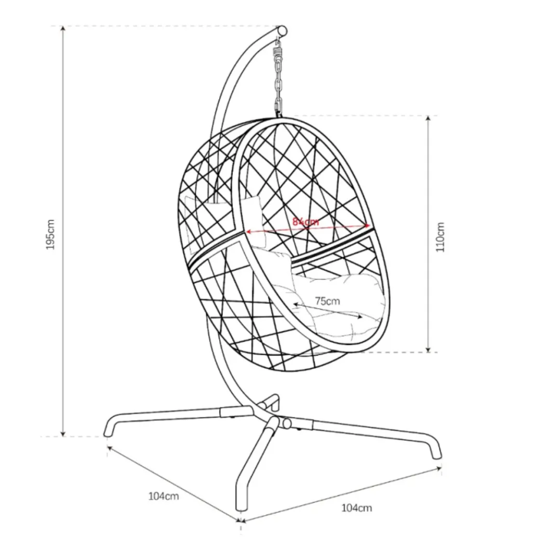 Technical drawing of a hanging egg chair with detailed dimensions, showcasing its structure and ergonomic design.
